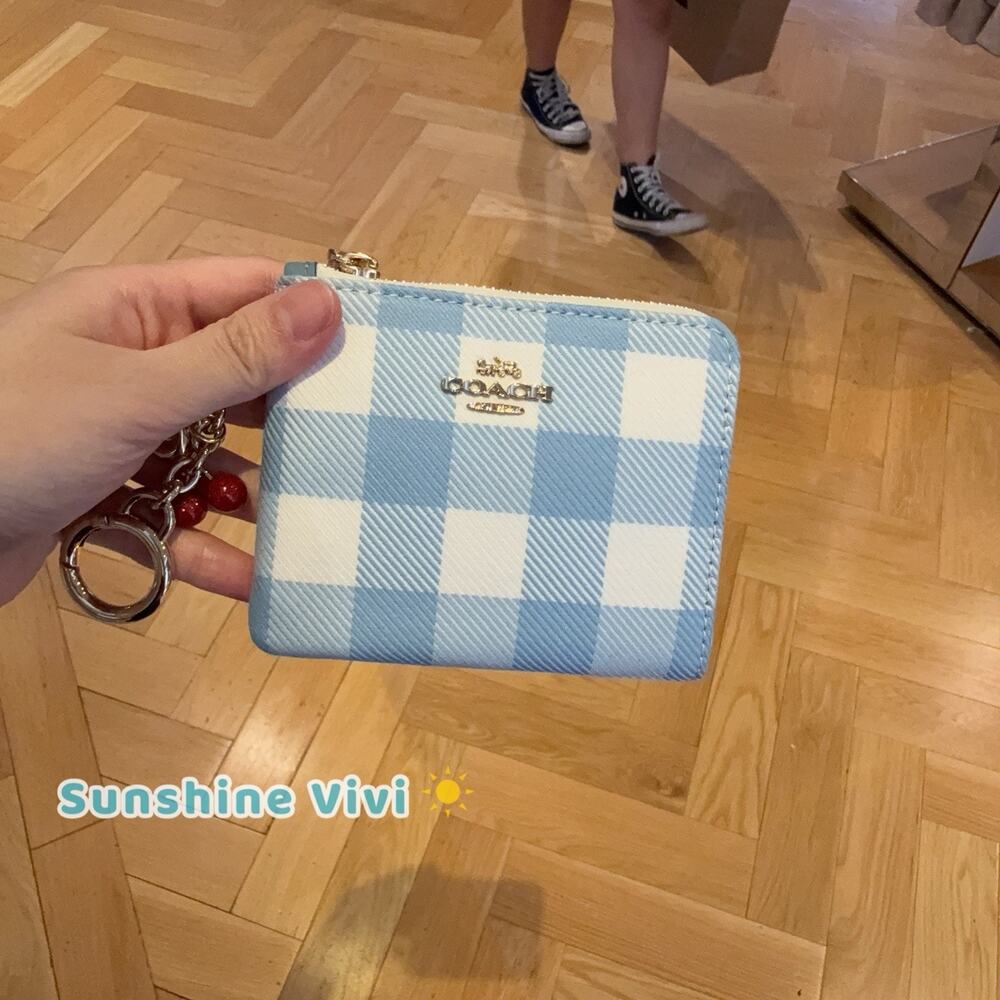 NWT Coach Small Corner Zip Wallet Gingham Print And Charms CEU99 Blue Multi
